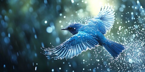 Glass bird soaring amidst a rainstorm, capturing the interplay of light and water, a symbol of resilience and beauty in nature's chaos
