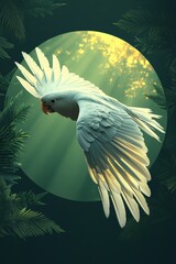 Elegant parrot in flight with sunlight in a tropical forest