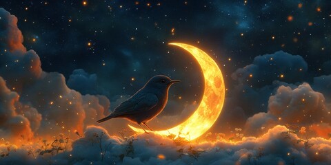 Fototapeta premium Luminous Moonlit Haven, a serene bird resting on a glowing crescent moon amidst a vast, twinkling starry sky, evoking tranquility and wonder