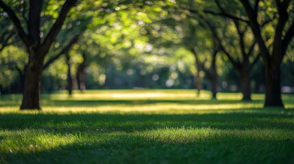 Naklejka premium The sunlight gently illuminates a peaceful park with lush green grass under sprawling trees, creating a tranquil atmosphere perfect for relaxation. Generative AI