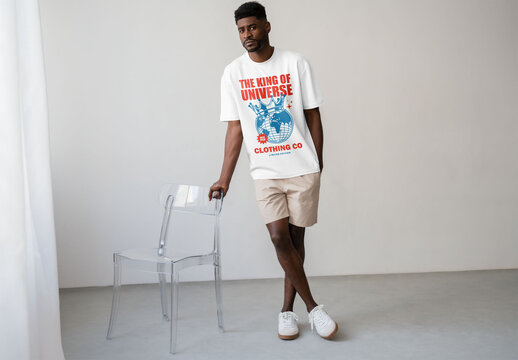 Mockup Of Man Wearing Customized T-Shirt By Chair