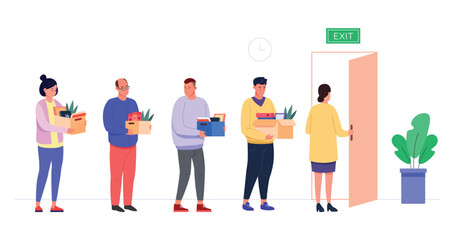 Obraz premium Fired employees leaving office. Job dismissal, dismiss office staff layoff businessman employee discharge group leave workplace work turnover quit door vector illustration