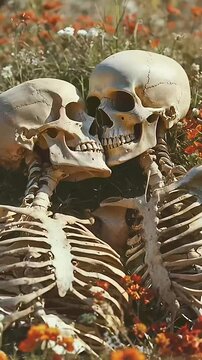 skeleton corpse of couple lover with flower grow on theme, forever love.