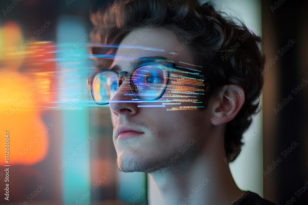 Aufkleber young man with glasses looking intently as digital data streams reflect on his face, capturing the e