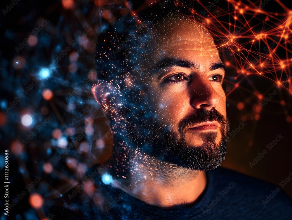 Leinwandbilder portrait of a man with a glowing network of connections, representing digital technology and human i