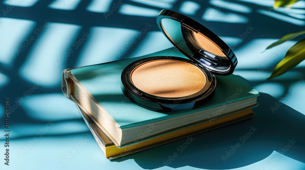 Aufkleber elegant makeup compact on stylish books with soft natural light and shadow patterns creating a calm 