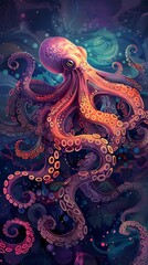 Fototapeta premium Octopus and beautiful underwater scenery, Underwater Scene with Incredible Commotion of an Octopus