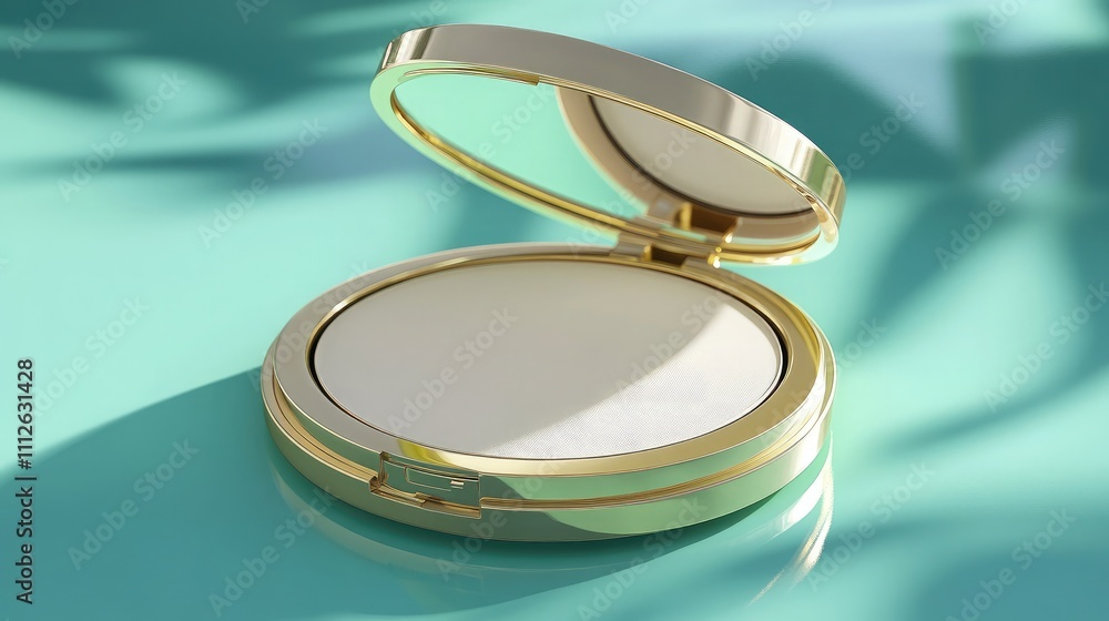 Poster sleek and elegant open compact mirror on soft green surface with delicate shadow play, perfect for b