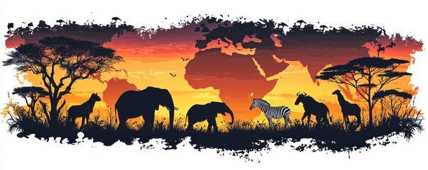 Silhouette of African wildlife at sunset with map outline