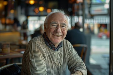 Portrait of a jovial caucasian man in his 50s sporting a long-sleeved thermal undershirt in bustling city cafe