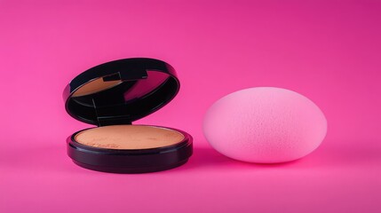 Close-Up of Makeup Powder Compact and Pink Cosmetic Sponge on Vibrant Pink Background for Beauty and Makeup Themes