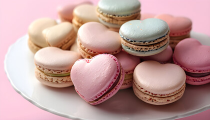 Obraz premium Heart-shaped macarons in pastel colors on a white platter