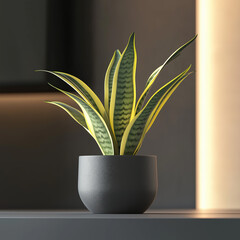 Stylish snake plant in a matte black ceramic pot on a minimalistic background, emphasizing air-purifying benefits, indoor gardening trends, and modern home or office decor

