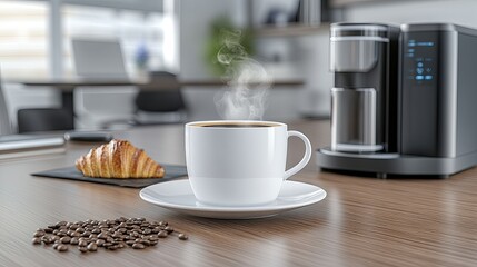 Obraz premium A cup of steaming coffee sits beside a buttery croissant, surrounded by scattered coffee beans on a rustic wooden table