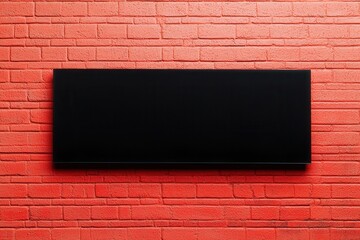 A minimalist black rectangular panel is mounted on a vibrant red brick wall, creating a striking visual contrast.