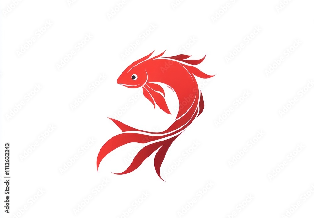 Poster Here's a possible  and keyword list for your image.. Red stylized leaping fish design.