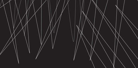 Abstract black and white geometric random chaotic lines with many squares and triangles shape. Metal grid isolated on the white background. Banner with geometric shapes, lines, stripes and triangles.
