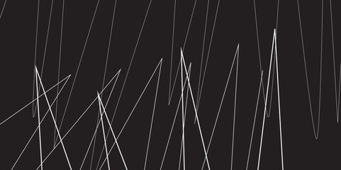 Abstract black and white geometric random chaotic lines with many squares and triangles shape. Metal grid isolated on the white background. Banner with geometric shapes, lines, stripes and triangles.
