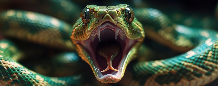 Close-up of a green viper snake with open mouth and fangs