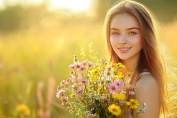Naklejka premium Slim beautiful young woman holding a bouquet of wildflowers, half-body portrait, sunny outdoor field, capturing a carefree and joyful Motherâ€™s Day moment in nature.