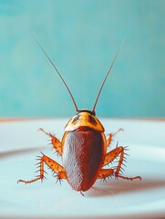 Close-up of a single cockroach on a plate.