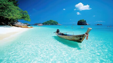 Fototapeta premium Serene Tropical Beach with Crystal Clear Water and Traditional Wooden Boat Under Bright Blue Sky and Whimsical Clouds