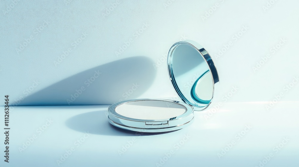 Poster elegant silver compact mirror with reflections and soft light on a minimalist background ideal for b