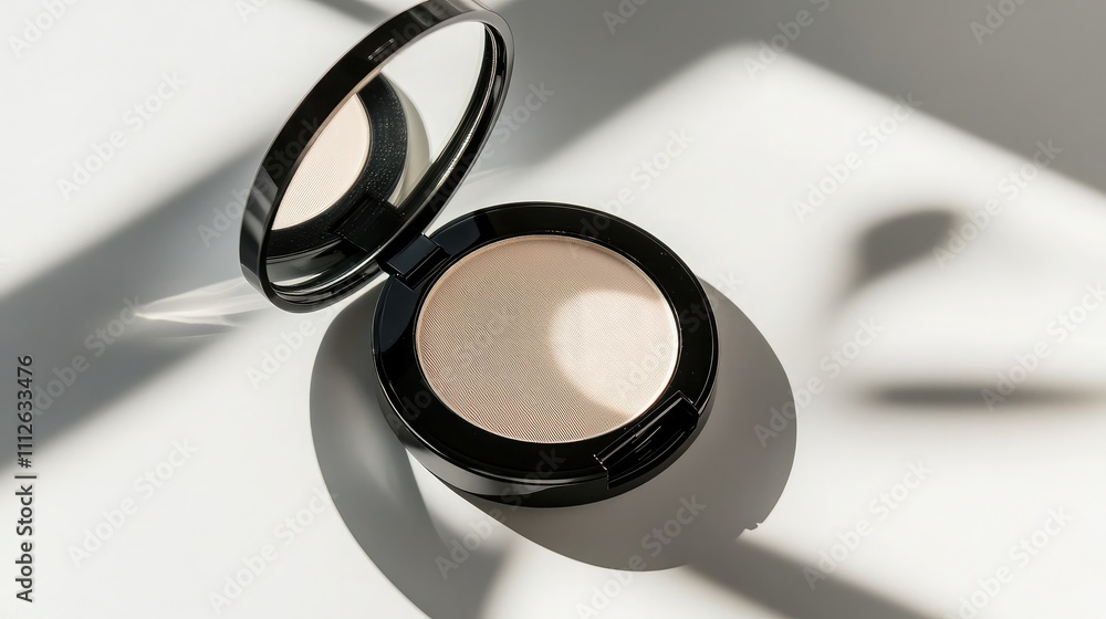 Poster elegant and minimalistic makeup compact with reflective lid and soft illuminating powder sitting on 