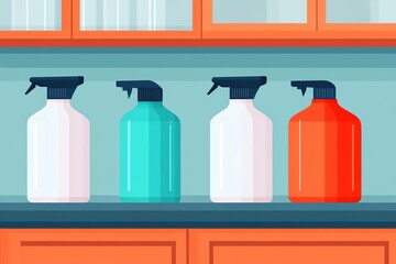 Four colorful spray bottles on shelf.