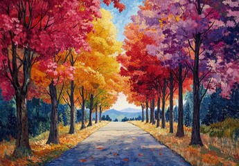 Vibrant Autumn Scene Featuring Colorful Trees Lining a Serene Pathway, Inviting Peaceful Walks Through Nature's Fall Beauty