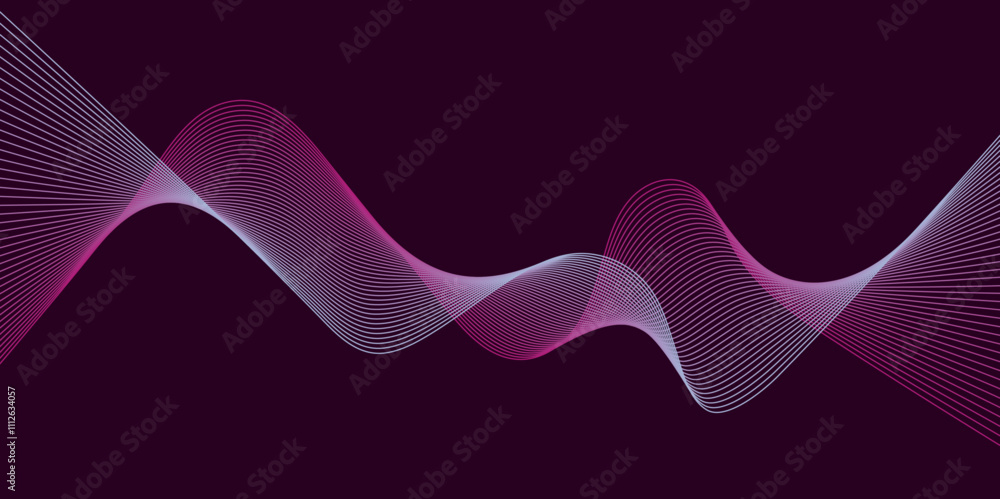 Poster purple background pink wave lines flowing waves design abstract digital equalizer sound wave flow.