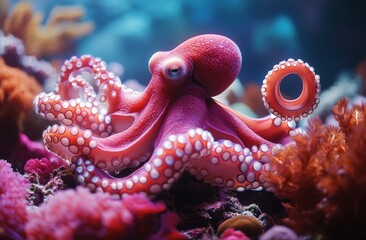 Obraz premium Vibrant Pink Octopus Displaying Unique Features Among Colorful Coral Reef Underwater Scene in Crystal Clear Ocean Water