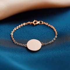 A delicate gold bracelet featuring a simple circular pendant, set against a luxurious blue fabric background.
