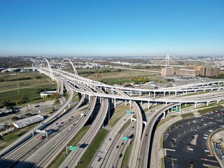 Margaret Hunt Hill Bridge Dallas at dusk aerial drone shot