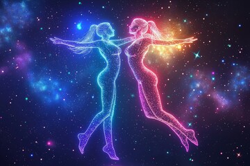 Naklejka premium A couple shares an intimate dance amidst a vibrant cosmic backdrop filled with swirling multicolor. The atmosphere radiates warmth and romance, celebrating love. Generative AI