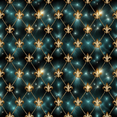 Fleur-de-lis motifs Seamless golden fleur-de-lis diamond tile pattern with starry effect