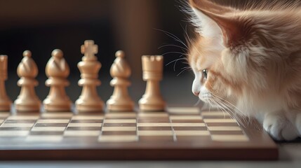 fluffy cat photography with wooden. A curious cat intently watches a chessboard, contemplating its next move among the wooden pieces.