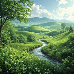 A peaceful green landscape with a gentle stream running through it, nature sounds, tranquil atmosphere