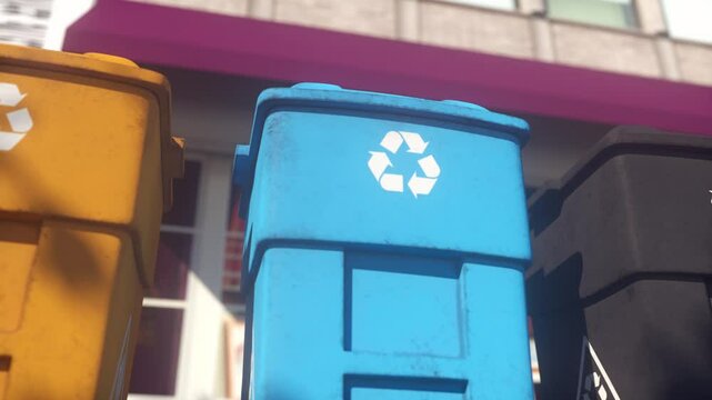 Colorful, plastic garbage bins, with recycle logo on the front, stacked in a row. Symbol of recycling