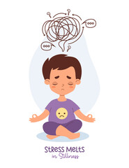 Thoughtful sad boy meditates sits in asana in lotus pose. Confused thoughts and tangled tangle, problem solving depression and sadness. Psychological concept finding solutions. Vector illustration