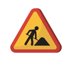 Road work sign. Yellow triangle roadsign with worker. Safety at roads and highways. Driver information sign. Repair works. Flat vector illustration
