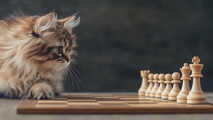 fluffy cat photography with wooden. A fluffy cat intently observes a chessboard, showcasing a whimsical blend of feline curiosity and strategic gameplay.