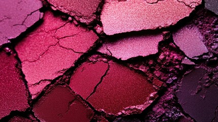 Abstract Beauty Composition of Cracked Makeup Shades in Rich Red and Pink Hues Creating a Striking Visual for Fashion and Cosmetics Themes