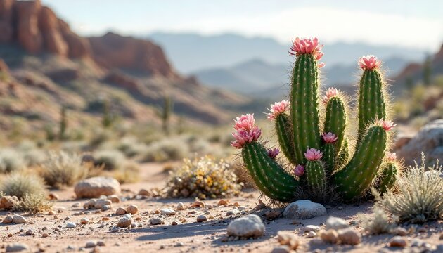 Cactus varieties and native succulent plants in the desert landscape with blue sky and clouds mountains cliffs rocks beautiful scenery