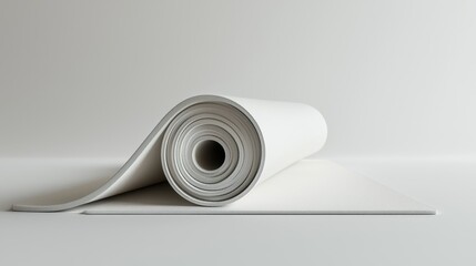 A lightweight yoga mat rolled up, with its textured surface and soft pastel color clearly visible. The simplicity and focus on detail make it perfect for wellness and fitness visuals. The white 