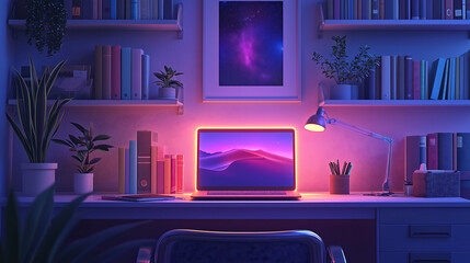stylish workspace bathed in neon pink and purple light Features a laptop bookshelves filled with books and plants and a desk lamp Aesthetic and serene