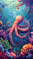 Obraz premium Octopus and beautiful underwater scenery, Underwater Scene with Incredible Commotion of an Octopus