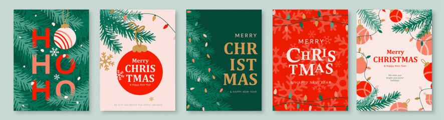 Christmas backgrounds set vector illustration. Modern greeting merry xmas and happy new year with typography, christmas tree, ball, garland, snowflake. Winter pattern with textured effect.
