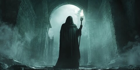 Cloaked figure with glowing staff at dark fortress gates, mysterious atmosphere, shadowy ambiance, enchanting yet foreboding presence