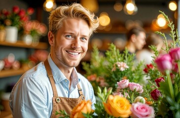 Fototapeta premium man florist, flower delivery, valentine's day
